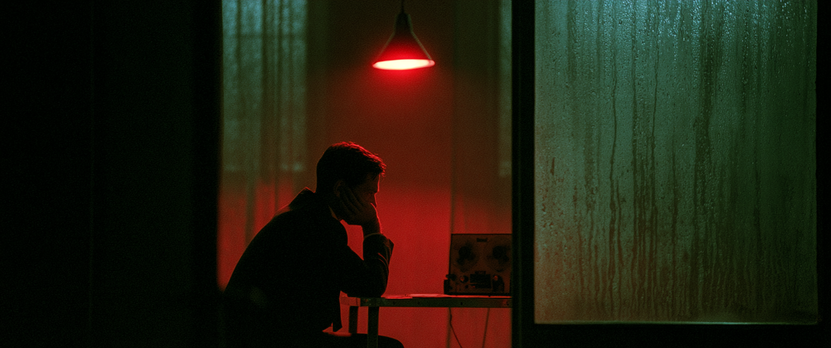 A man in silhouette listens to a reel-to-reel tape recorder under a single red hanging lamp, seen through rain-streaked glass