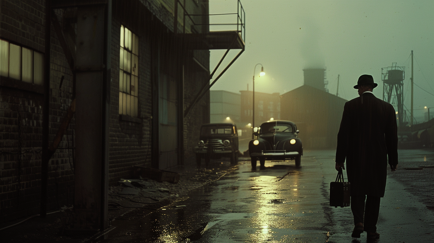 A lone figure with a briefcase walks a rain-slicked dockside street at dusk, past 1940s cars, factory smoke in the fog