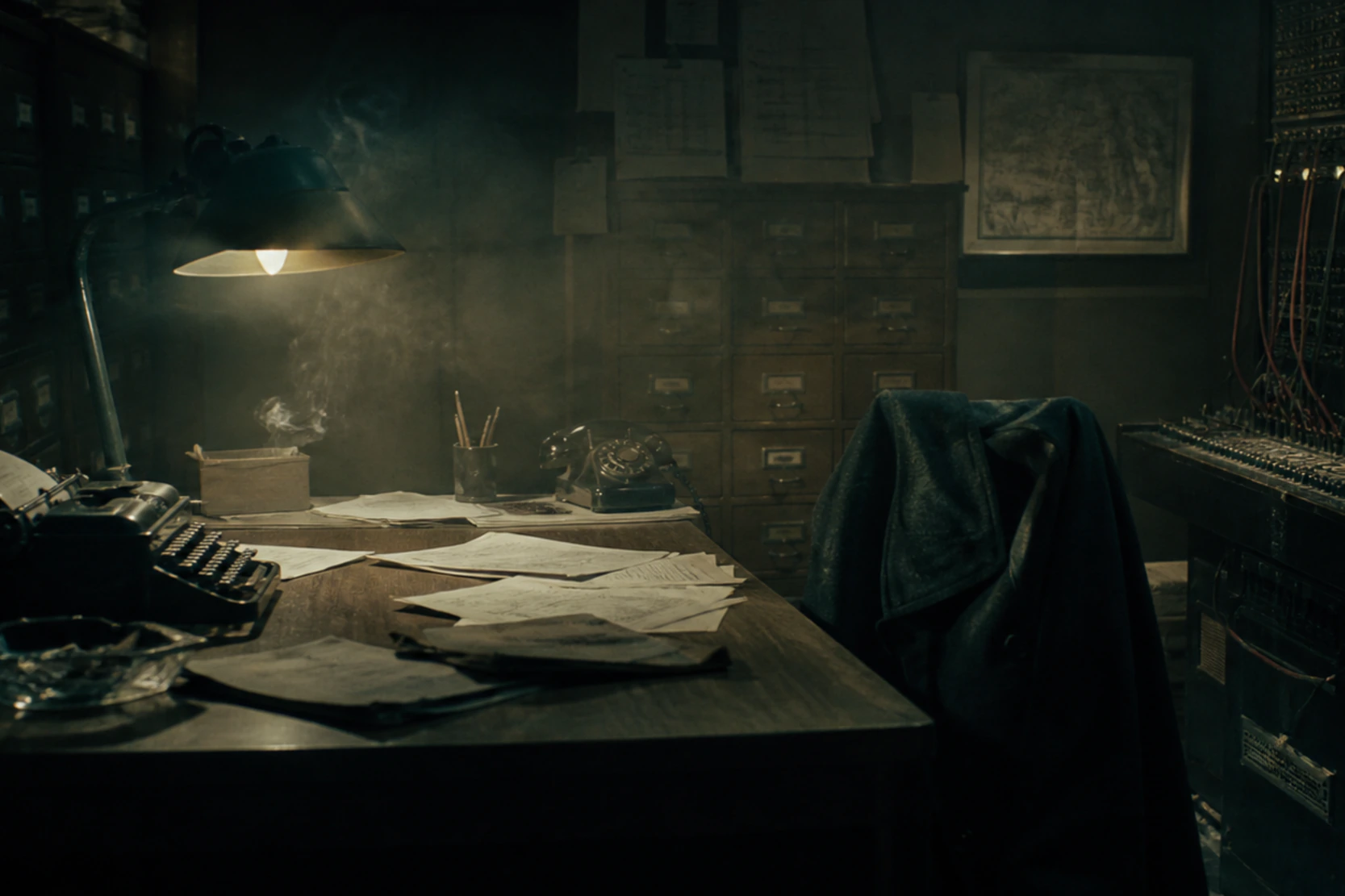 Smoke drifts over an archive desk of scattered papers and a typewriter, a coat slung over the chair, a switchboard in the corner