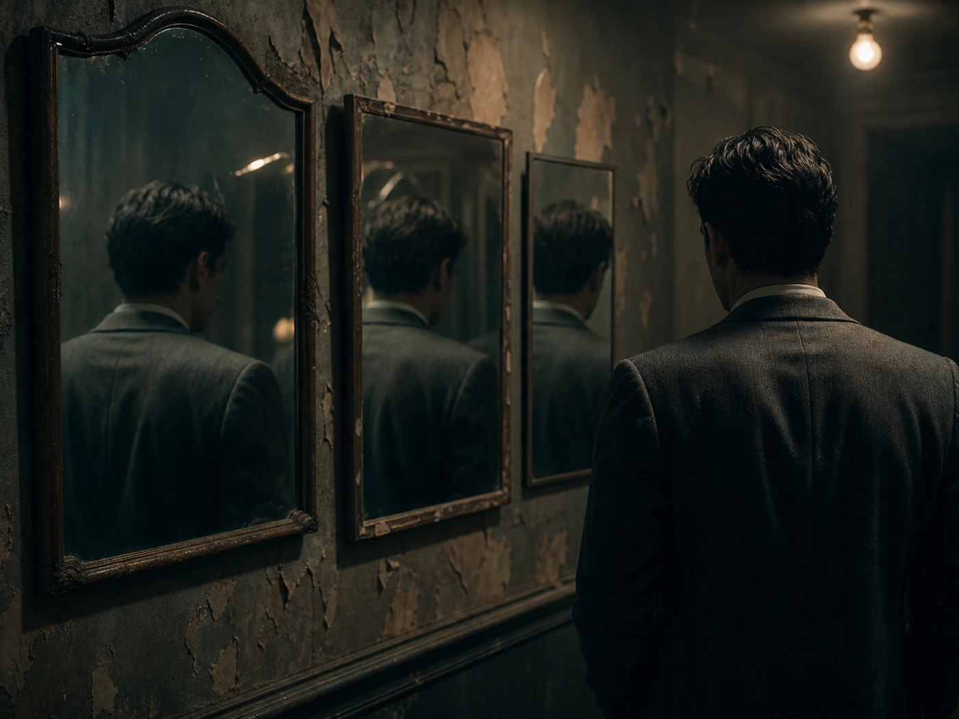 A man in a suit studies his reflection across three tarnished mirrors on a peeling wall