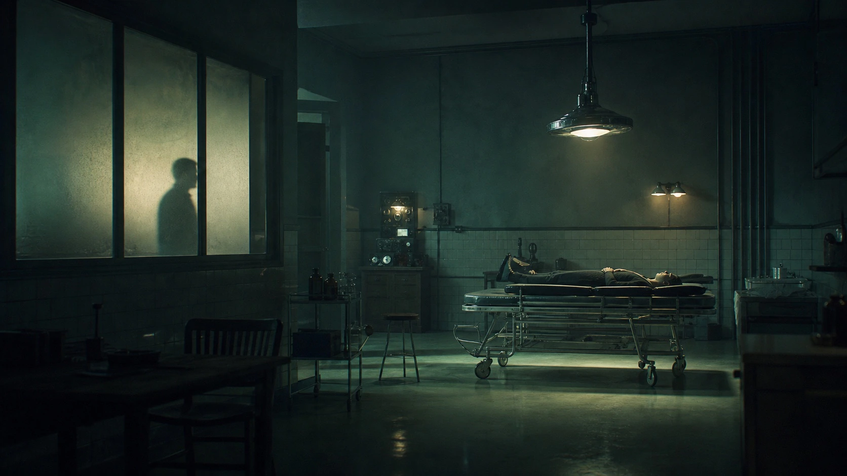An examination room with a body on a gurney under a pendant lamp while a figure’s shadow waits behind frosted glass