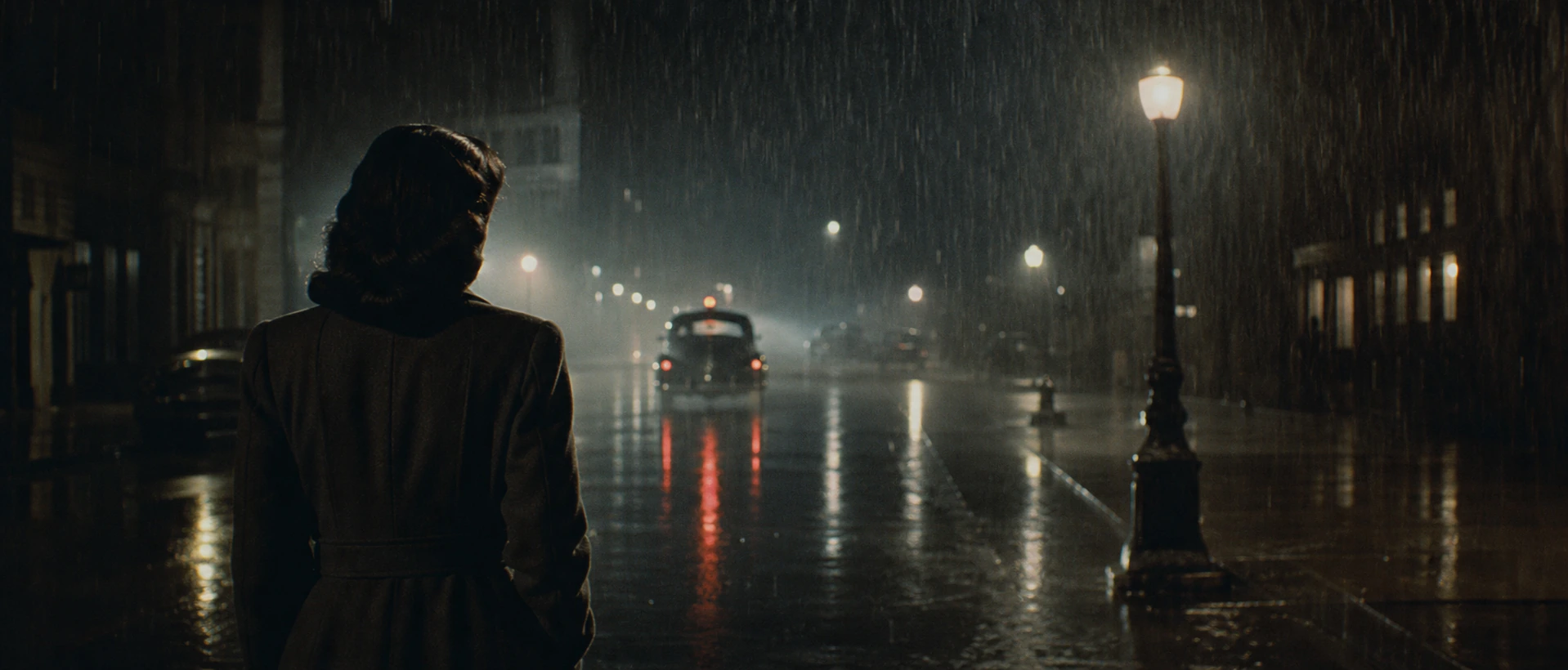 A woman in a headscarf watches a car’s taillights recede down a rain-slicked 1940s street at night